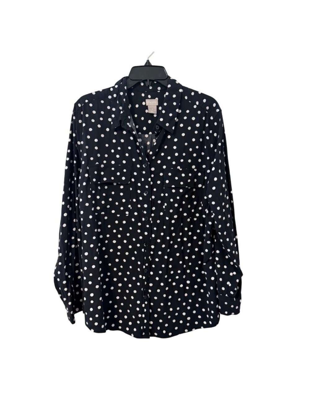 Chicos Black & White Polka Dot Button-Up Blouse Size 16/18 Modal Blend Long Slee